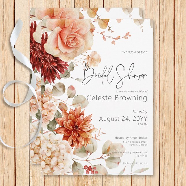 Convites Chá de panela Floral de Boho com queda picante (Spicy Fall Rust & Blush Boho Floral Bridal Shower Invitation)
