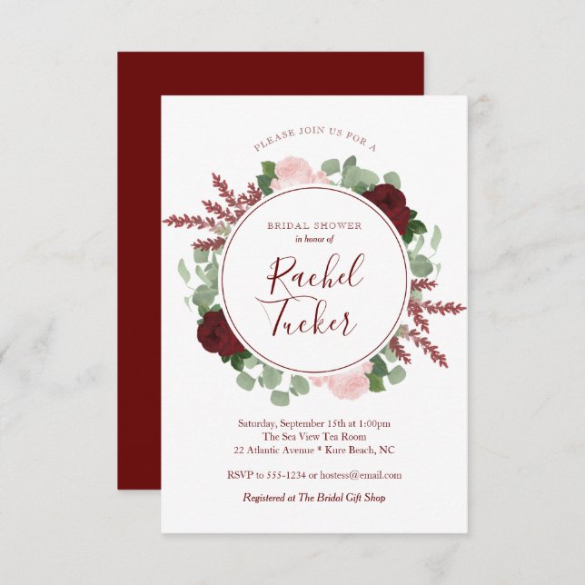 Convites Chá de panela floral de Borgonha da aguarela (Frente/Verso)
