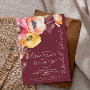 Convites Chá de panela Floral de Burgundy & Red Watercolor