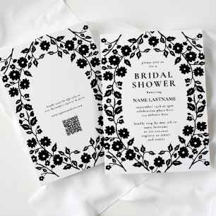 Convites Chá de panela Floral de Código QR Branco Preto