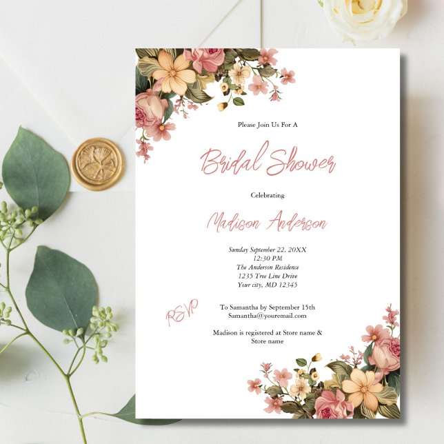 Convites Chá de panela Floral de Cor Amarela Rosa (Pink Yellow Watercolor Floral Bridal Shower Invitation. Vintage Antique, Printed or Digital Download)