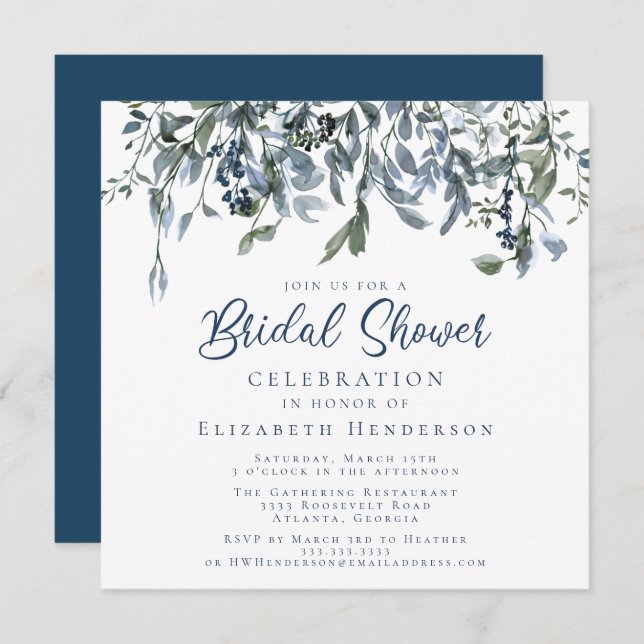 Convites Chá de panela Floral de Cor Azul Dusty (Frente/Verso)