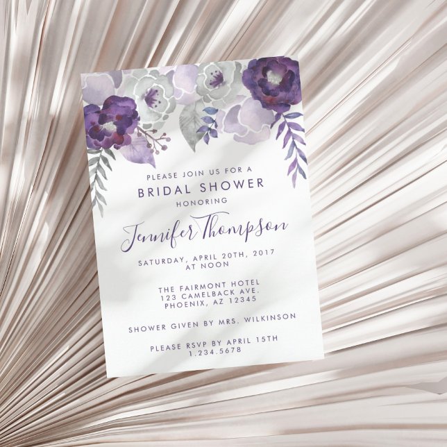 Convites Chá de panela Floral de Cor de Água Púrpura e Prat (Purple and Silver Watercolor Floral Bridal Shower Invitation)