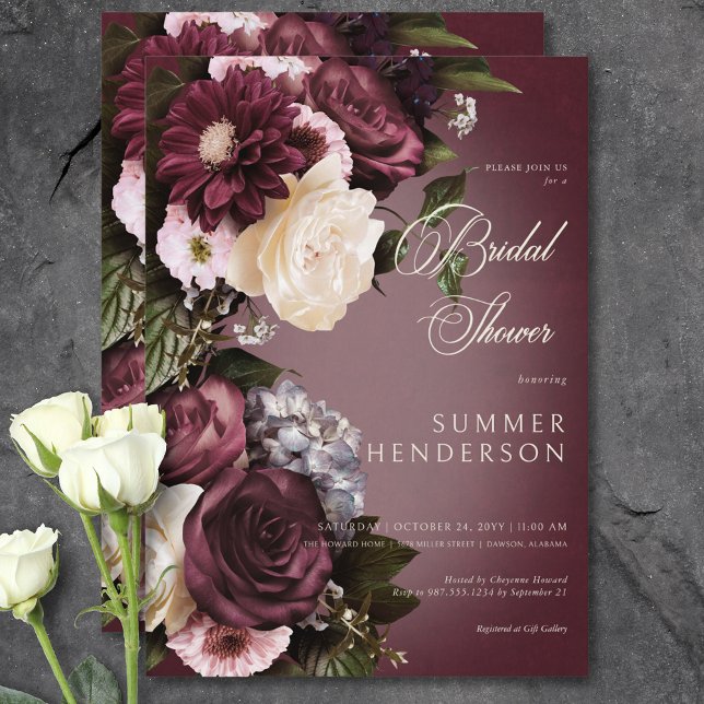 Convites Chá de panela Floral de Cream Blur e Borgonha Escu (Dark Burgundy & Cream Blur Floral Bridal Shower Invitation)