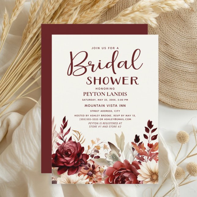 Convites Chá de panela Floral de Cream Burgundy (Burgundy and cream watercolor floral bridal shower invitation
)