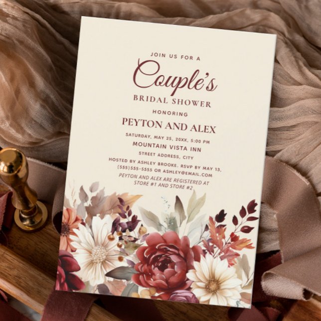 Convites Chá de panela Floral de Creme Burgundy (Boho, burgundy and cream-colored floral bridal shower invitation)