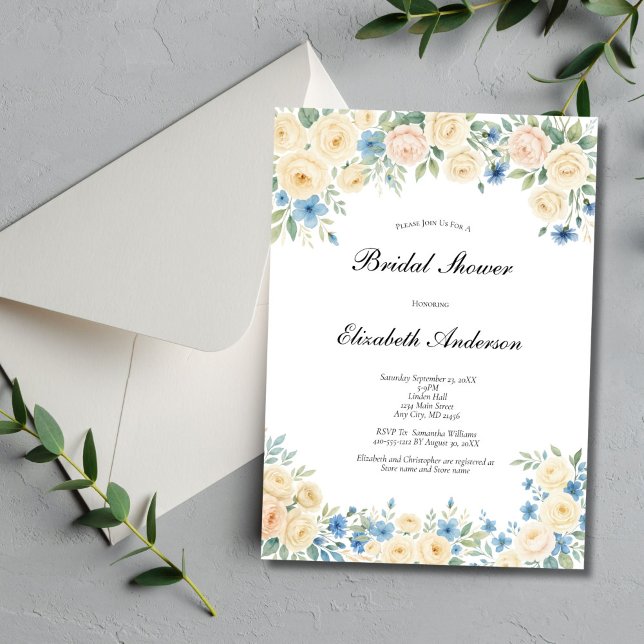 Convites Chá de panela Floral de Creme Rosa Azul (Cream Blush Pink and blue watercolor florals Bridal Shower invitation. Printed or Digital Download)