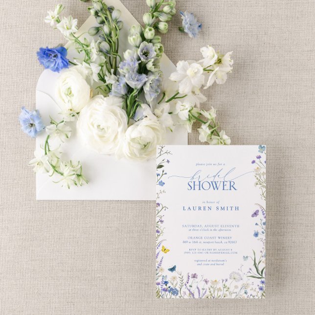 Convites Chá de panela Floral de Flor Azul Elegante (Join us for a blue wildflower bridal shower!)