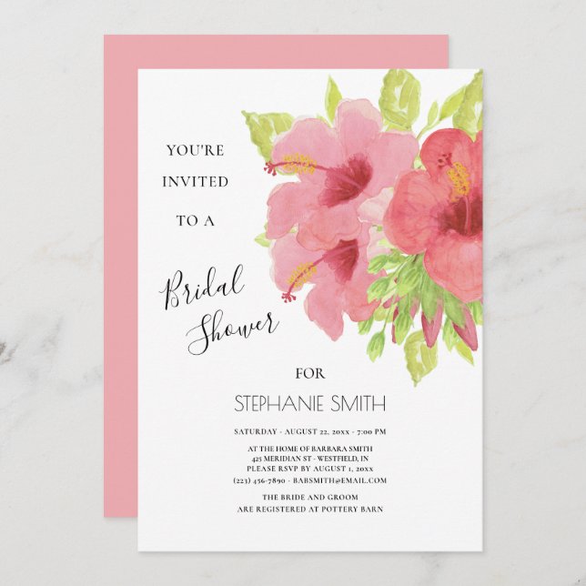 Convites Chá de panela Floral de Hibiscus Rosa (Frente/Verso)