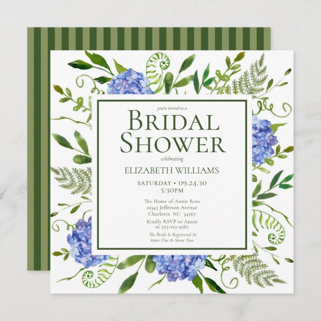 Convites Chá de panela Floral de Hidrangeas Azul (Frente/Verso)