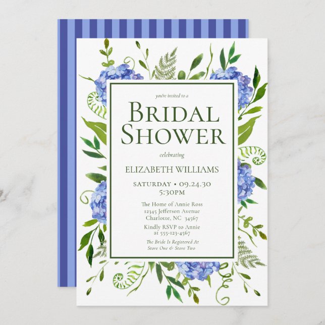 Convites Chá de panela Floral de Hidrangeas Azul (Frente/Verso)