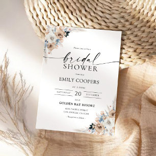 Convites Chá de panela Floral De Ivory E Blue Boho