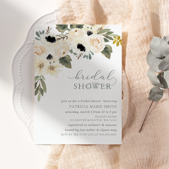 Convites Chá de panela Floral de Ivory, sábado moderno (Modern Elegant Sage Ivory Floral Bridal Shower Invitation)
