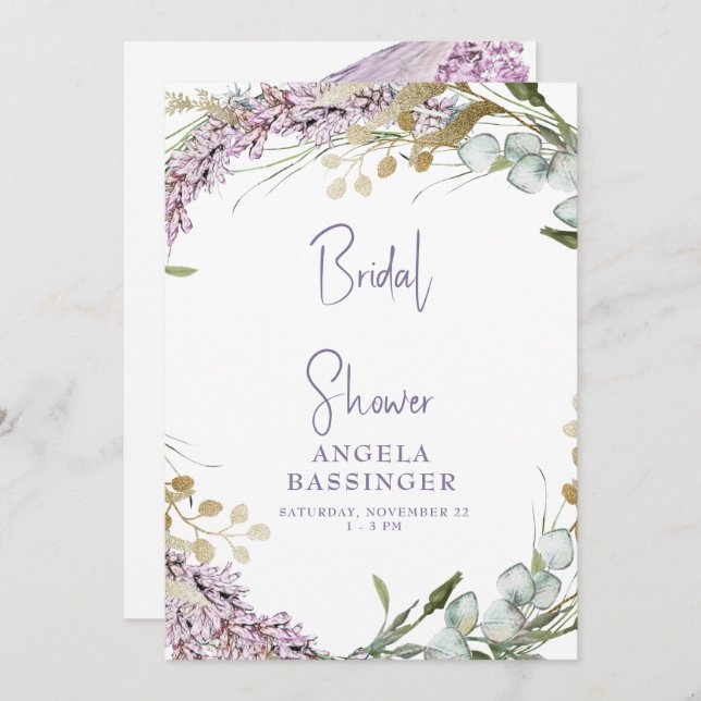 Convites Chá de panela Floral de Lavanda de Aquarela Elegan (Frente/Verso)