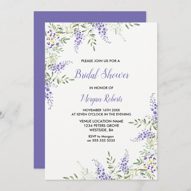 Convites Chá de panela Floral de Lavanda Roxo Elegante (Frente/Verso)