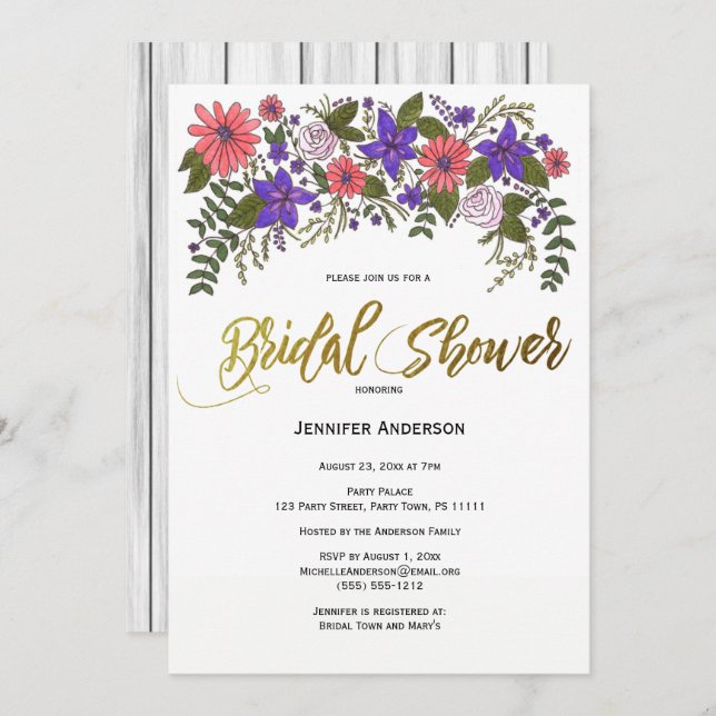 Convites Chá de panela Floral de Madeira para praia russa (Frente/Verso)