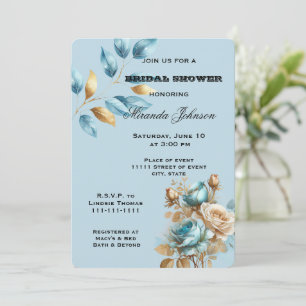 Convites Chá de panela Floral de Marfim Dourado Azul-Aqua-A