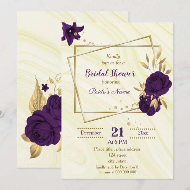 Convites chá de panela floral de ouro roxo real (Frente/Verso)