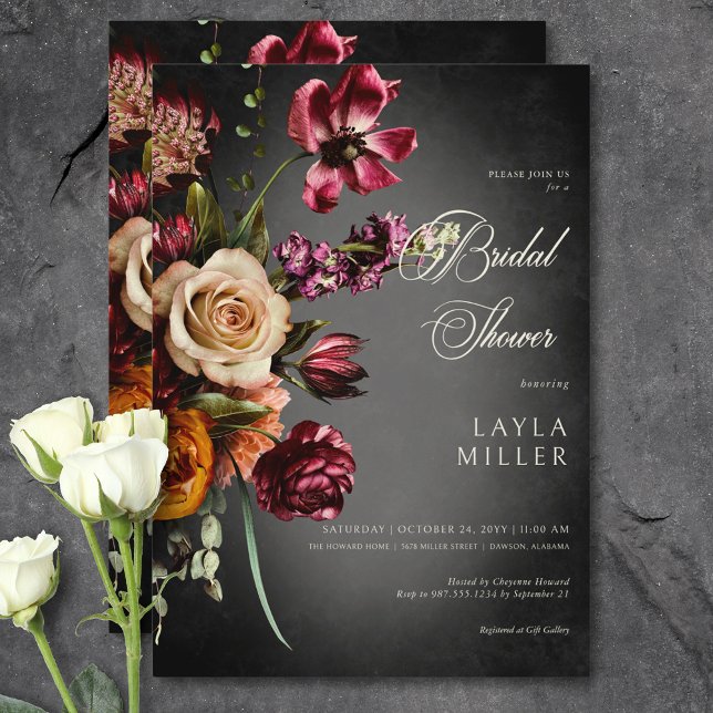 Convites Chá de panela Floral de outono de Blur Escuro Eleg (Dark Elegant Blur Autumn Floral Bridal Shower Invitation)