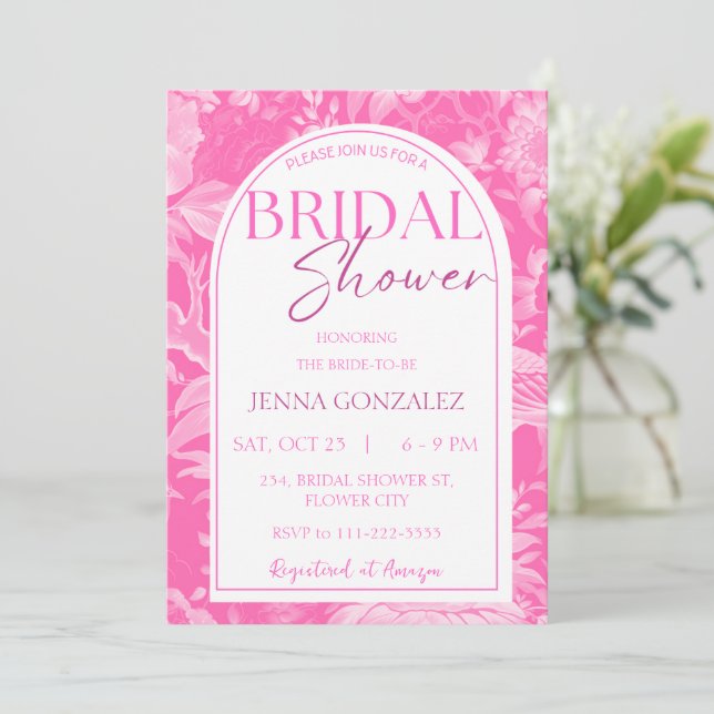 Convites Chá de panela Floral de Peony Chinoiserie Rosa Que (Em pé/Frente)