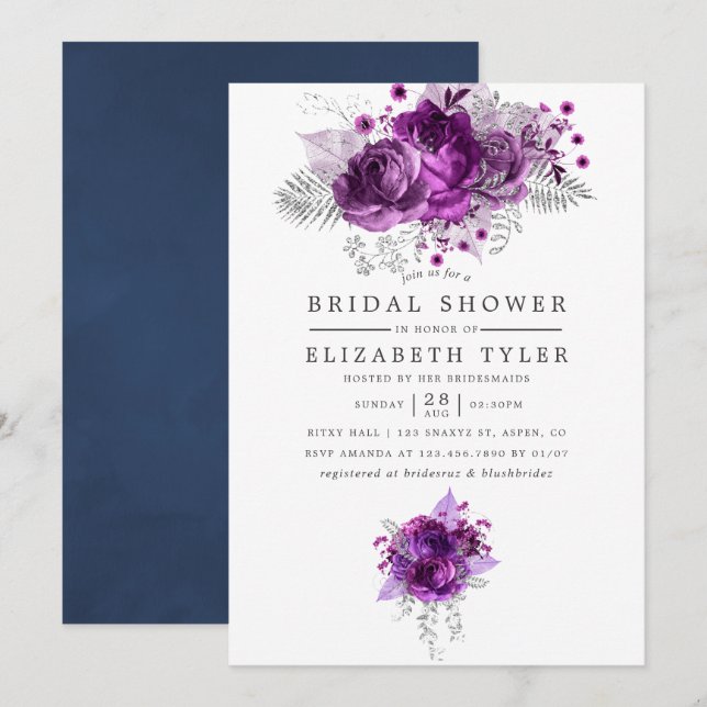 Convites Chá de panela Floral de Pluma e Marinho (Frente/Verso)