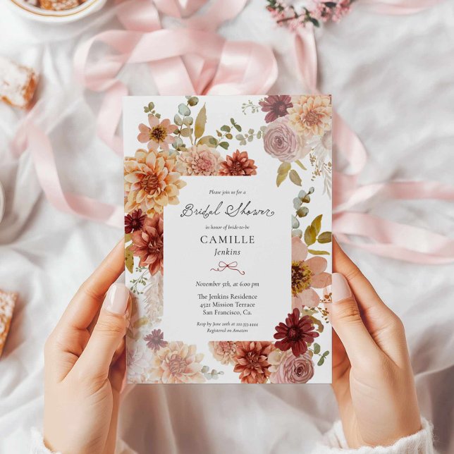 Convites Chá de panela Floral de Queda Burgundy (Burgundy and Terracotta Floral Fall Bridal Shower Invitation)