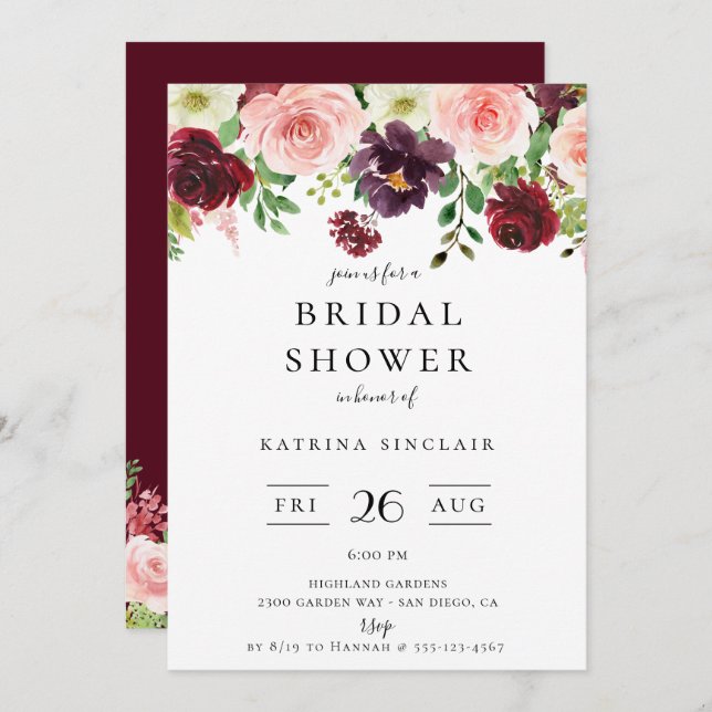 Convites Chá de panela Floral de Queda de Blush Burgundy (Frente/Verso)