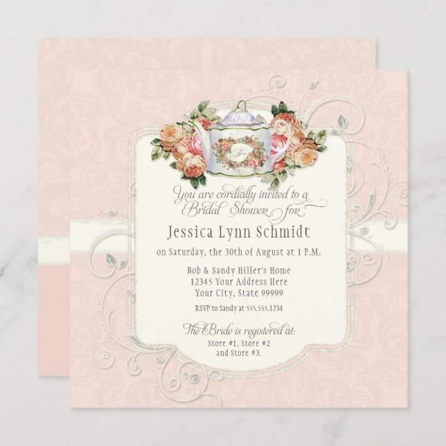 Convites Chá de panela Floral de Rosa de Blush Elegante Vin (Frente/Verso)