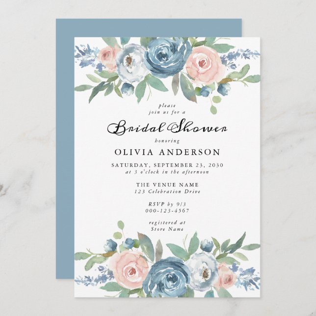Convites Chá de panela Floral de Rosa Dusty Blue & Blush (Frente/Verso)