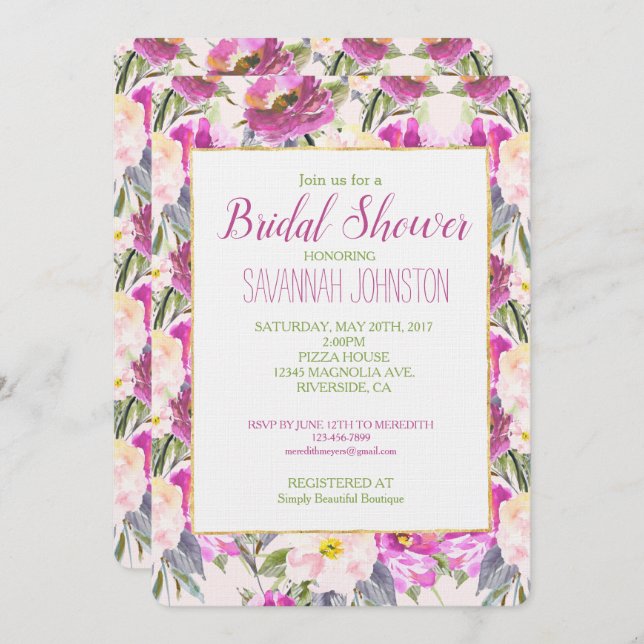Convites Chá de panela Floral de Rosas Rosa (Frente/Verso)