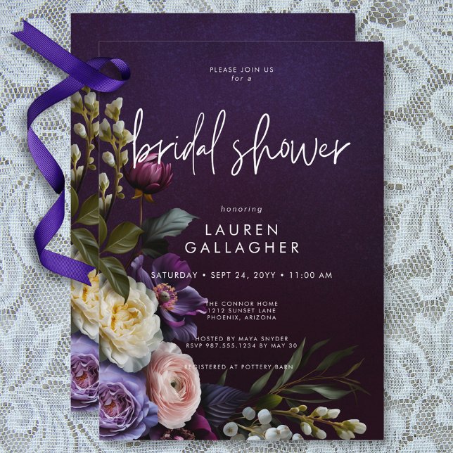 Convites Chá de panela Floral de Roxo e Creme Moody (Dark Moody Purple & Cream Floral Bridal Shower Invitation)