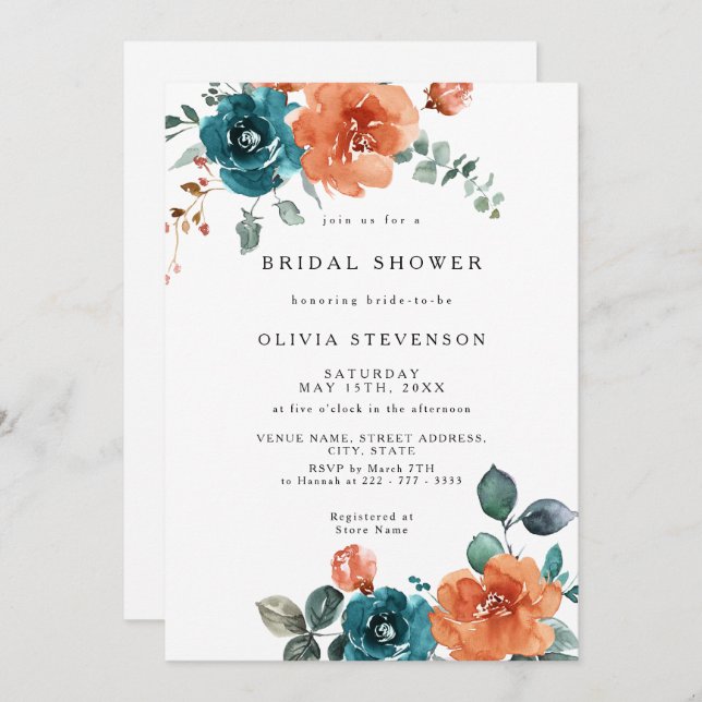 Convites Chá de panela Floral de Teal Laranja Queimado (Frente/Verso)