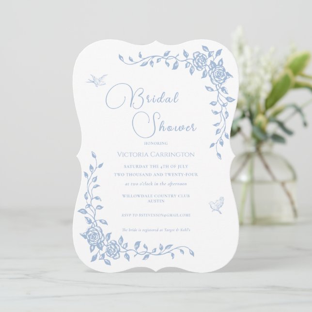Convites Chá de panela Floral de Vintage Azul (Em pé/Frente)