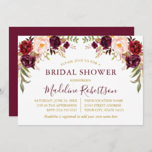 Convites Chá de panela Floral de Watercolor Burgundy Dourad