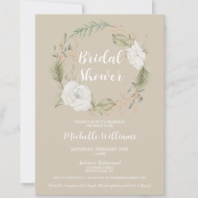 Convites Chá de panela Floral de Wreath Elegante (White Floral Wreath Bridal Shower Invitation, Cream, Taupe, Beige, Neutral, Invite, Classic)