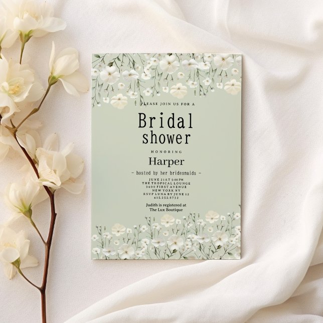 Convites Chá de panela floral delicado de marfim de marfim (Botanical ivory mint delicate floral Bridal Shower)