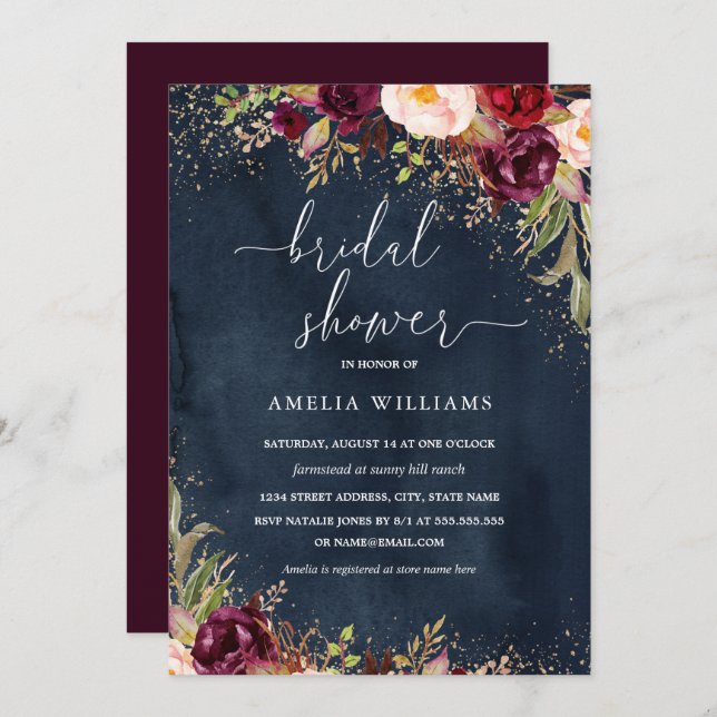 Convites Chá de panela Floral do Marinho de Poeira Dourada (Frente/Verso)