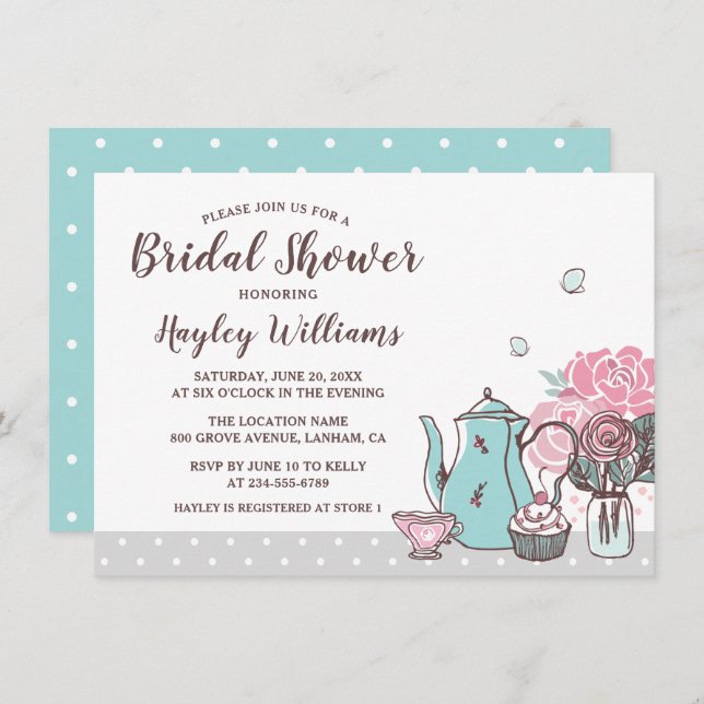 Convites Chá de panela Floral do Tea Party Elegante (Frente/Verso)