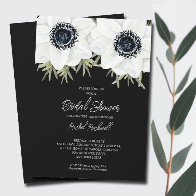 Convites Chá de panela Floral dos Anemones Brancos Pretos (Black White Flowers Bridal Shower Invitations - INSTANT DOWNLOAD and/or PRINTED)