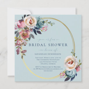 Convites Chá de panela Floral Dourado Azul Cor-De-Água,