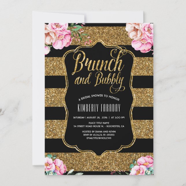 Convites Chá de panela Floral Dourado Brunch e Bubble (Frente)