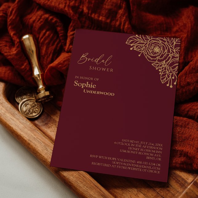 Convites Chá de panela Floral Dourado Burgundy (Criador carregado)