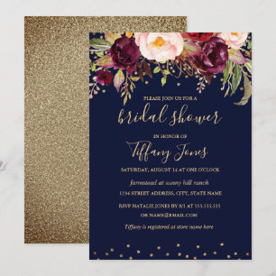 Convites Chá de panela Floral Dourado Burgundy Confetti