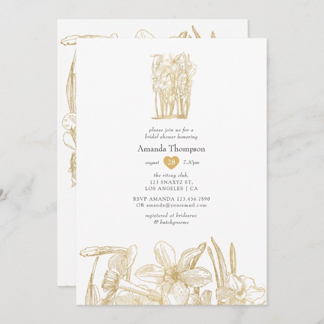 Convites Chá de panela Floral Dourado Chic (Frente/Verso)