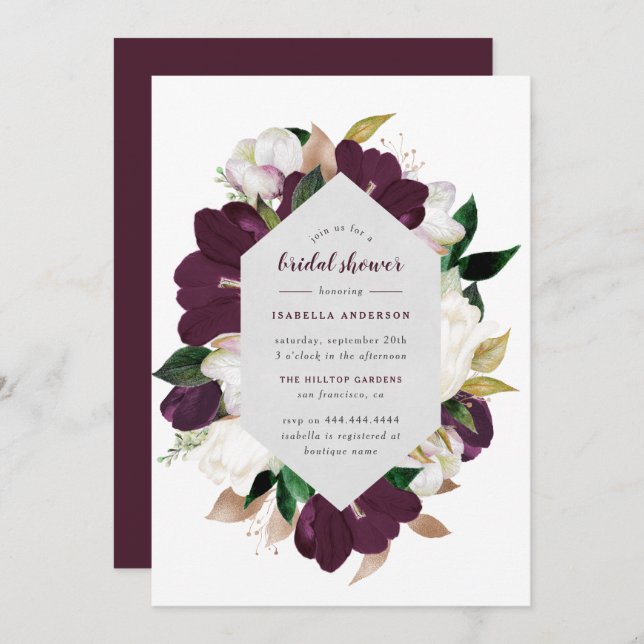 Convites Chá de panela Floral Dourado Clássico e Roxo de Pl (Frente/Verso)