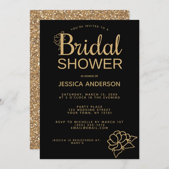 Convites Chá de panela Floral Dourado com Brilho Preto (Frente/Verso)