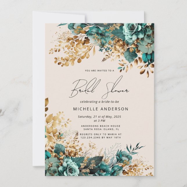 Convites Chá de panela Floral Dourado com Teal de Água (Frente)