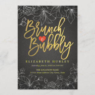 Convites Chá de panela Floral Dourado e preto Brunch e Bubb