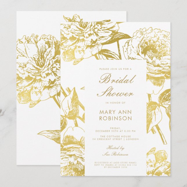 Convites Chá de panela Floral Dourado Elegante (Frente/Verso)