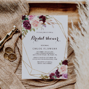 Convites Chá de panela Floral Dourado Geométrico Blush Burg